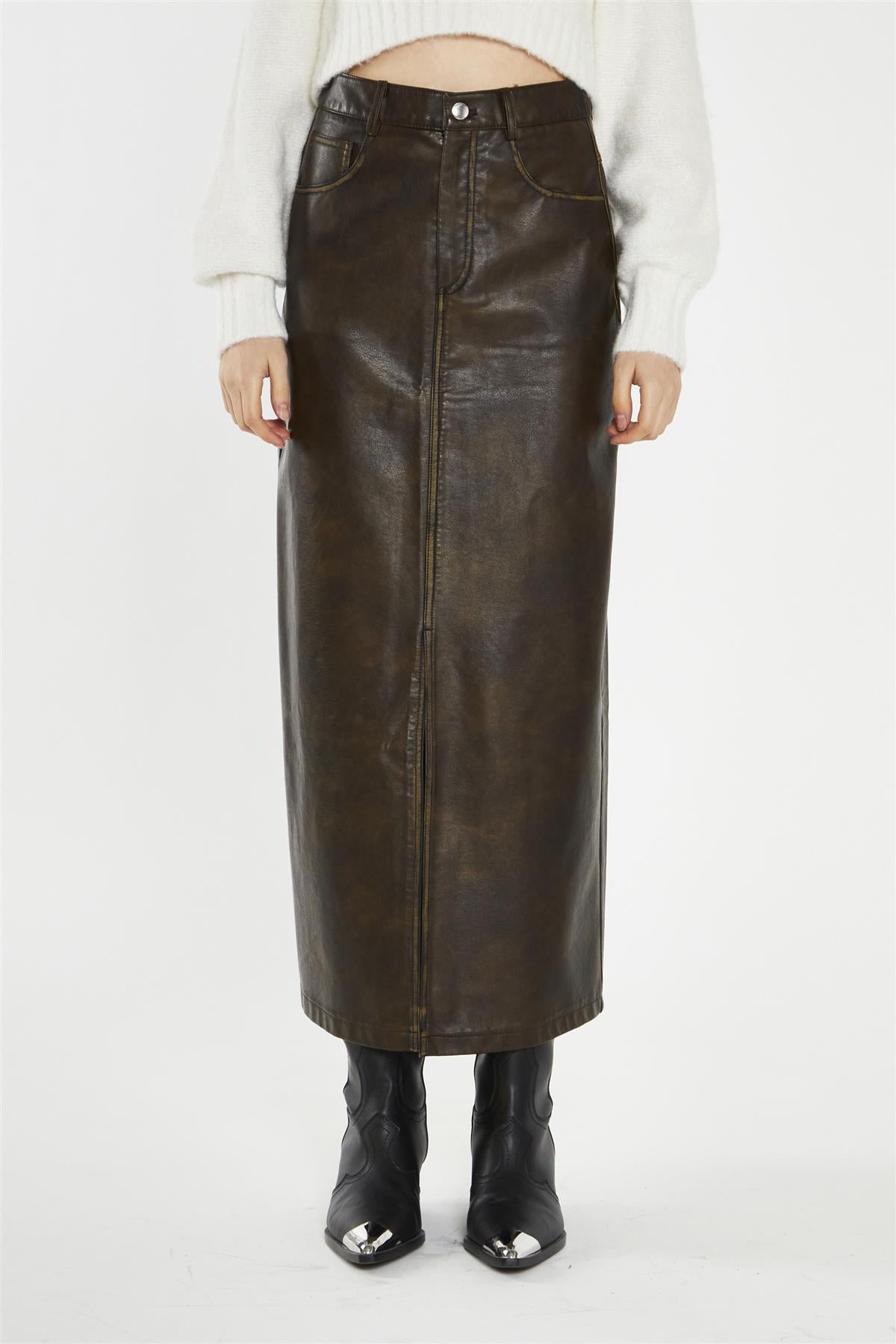 Olive-Brown Distressed-PU Straight Midi-Skirt