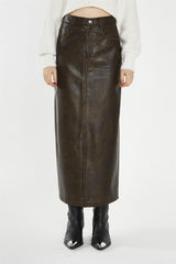 Olive-Brown Distressed-PU Straight Midi-Skirt