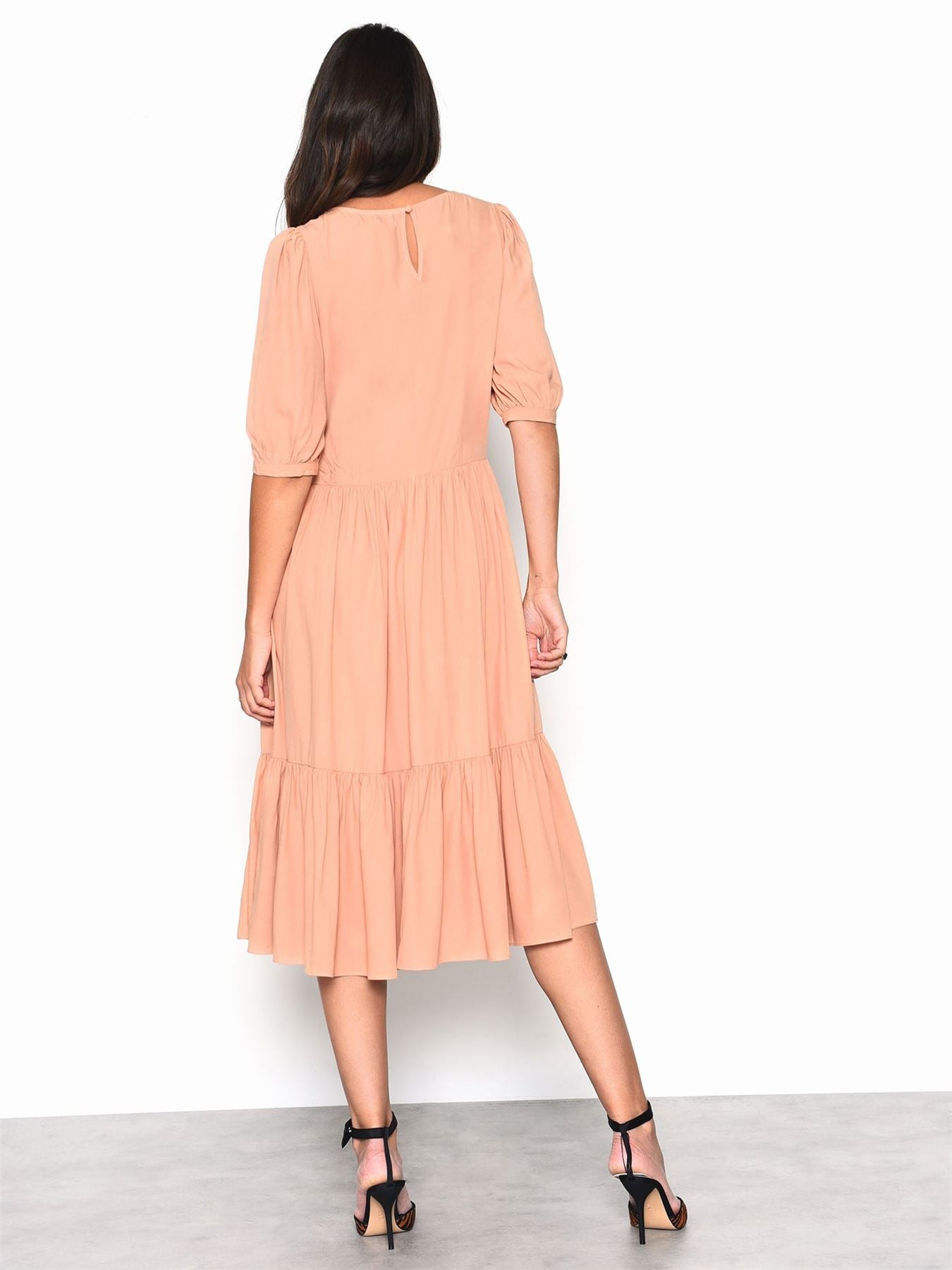 Peach Long Sleeve Puff Midi Dress