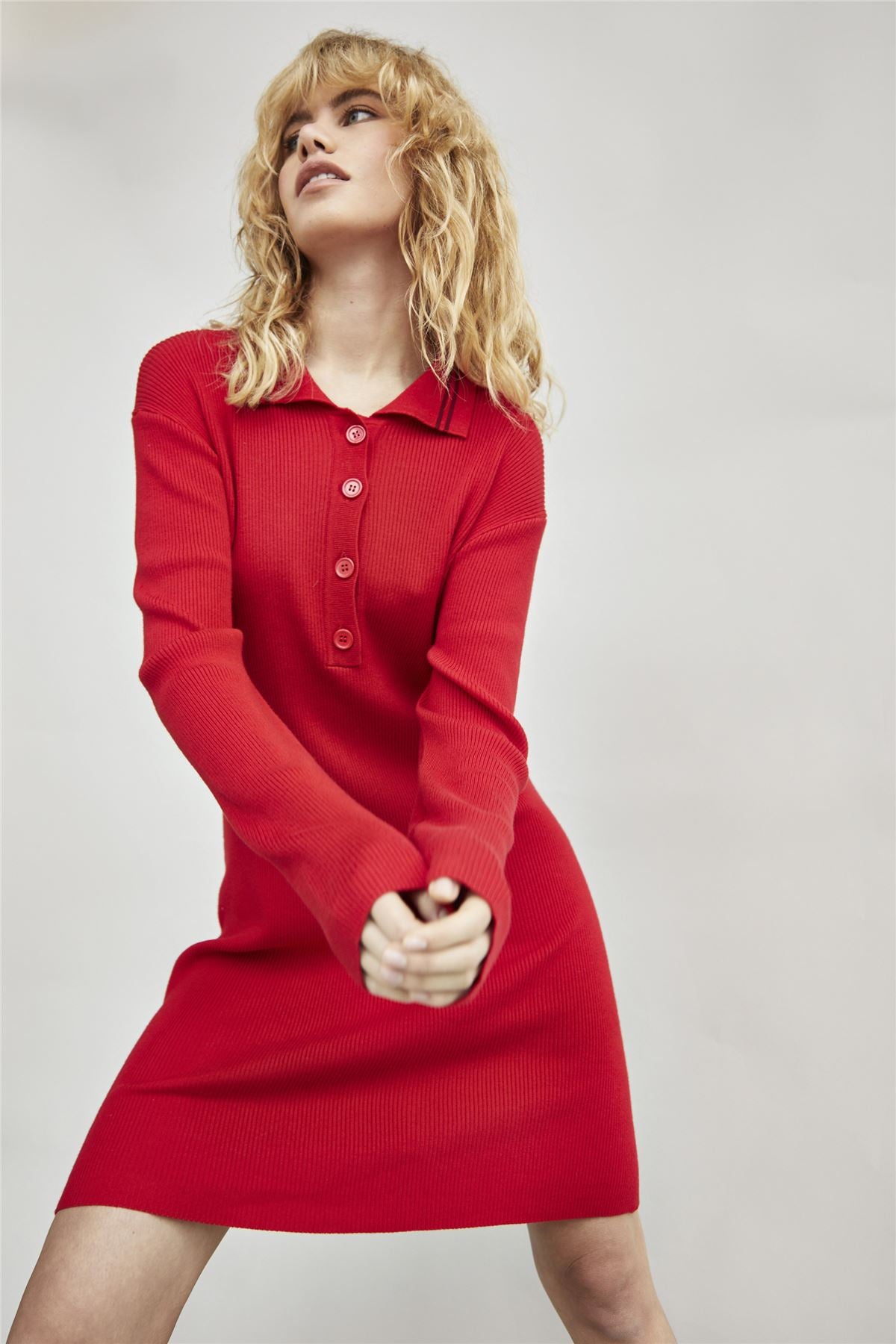 Red Burgundy Long Sleeve Button Up Midi Dress