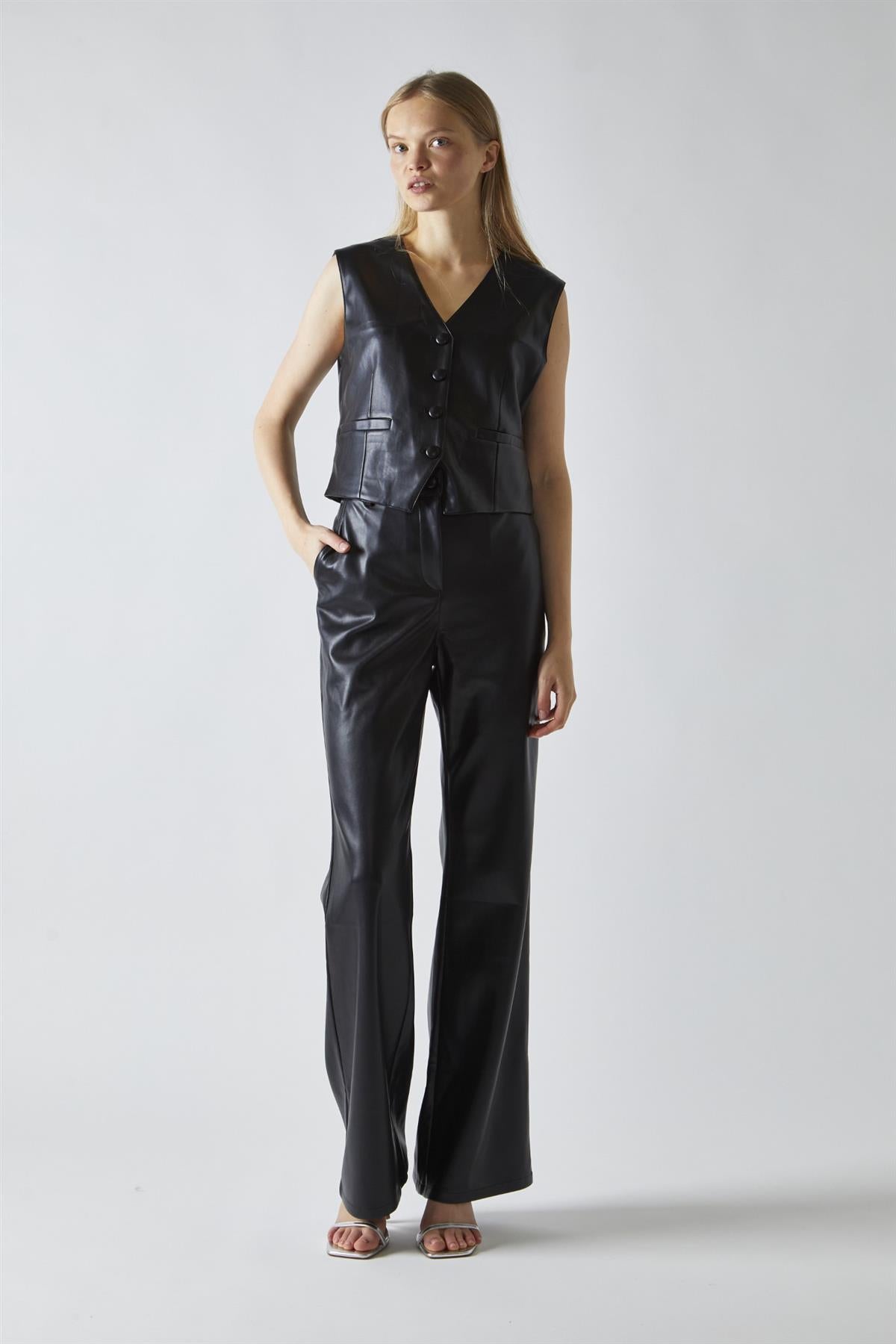 Black-PU  Flared-Trousers