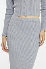 Grey-Marl Rib-Knit Midi-Skirt