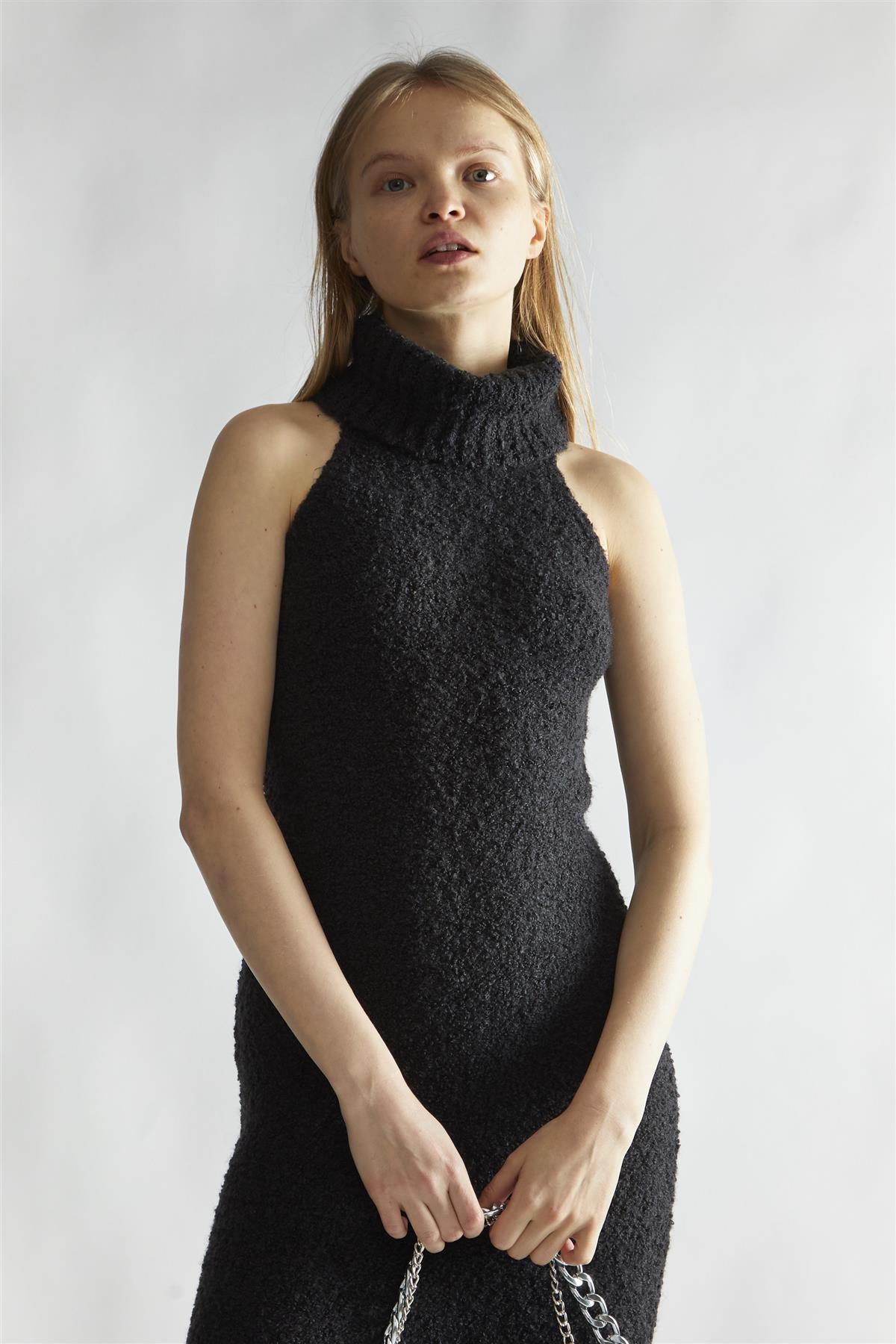 Black Knitted Roll-Neck Maxi-Dress