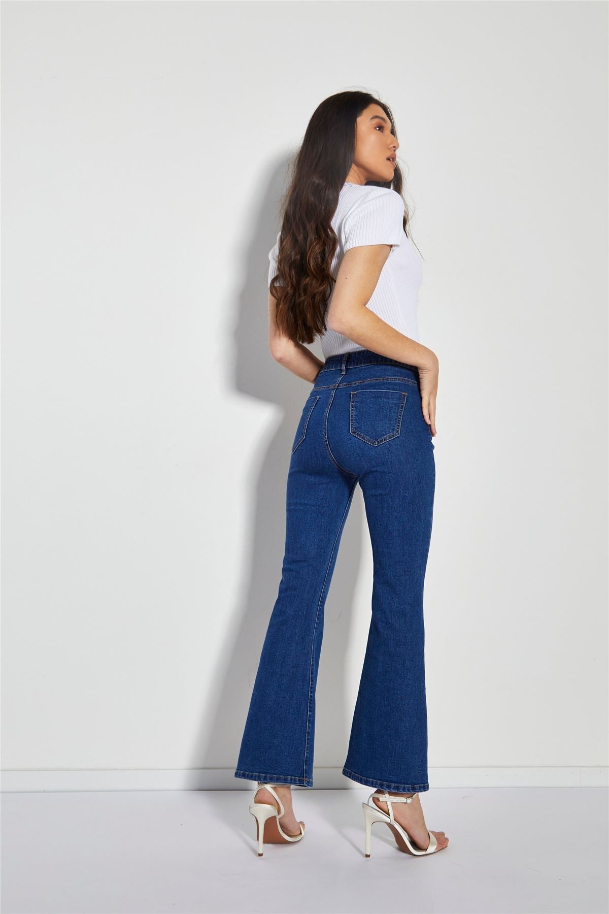 Dark-Blue Wash Flared High-Waisted Jeans