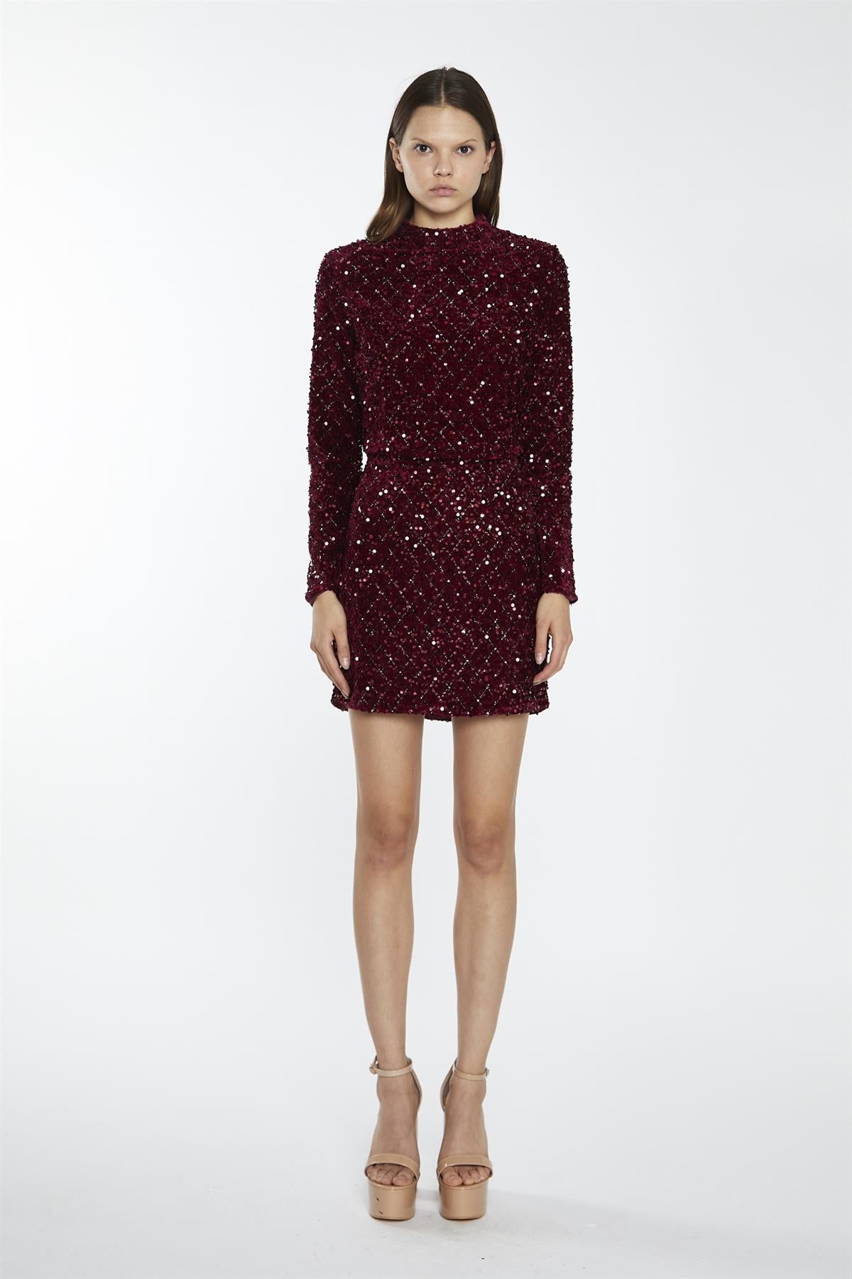 Port-Red Velvet-Sequin High Neck -Top