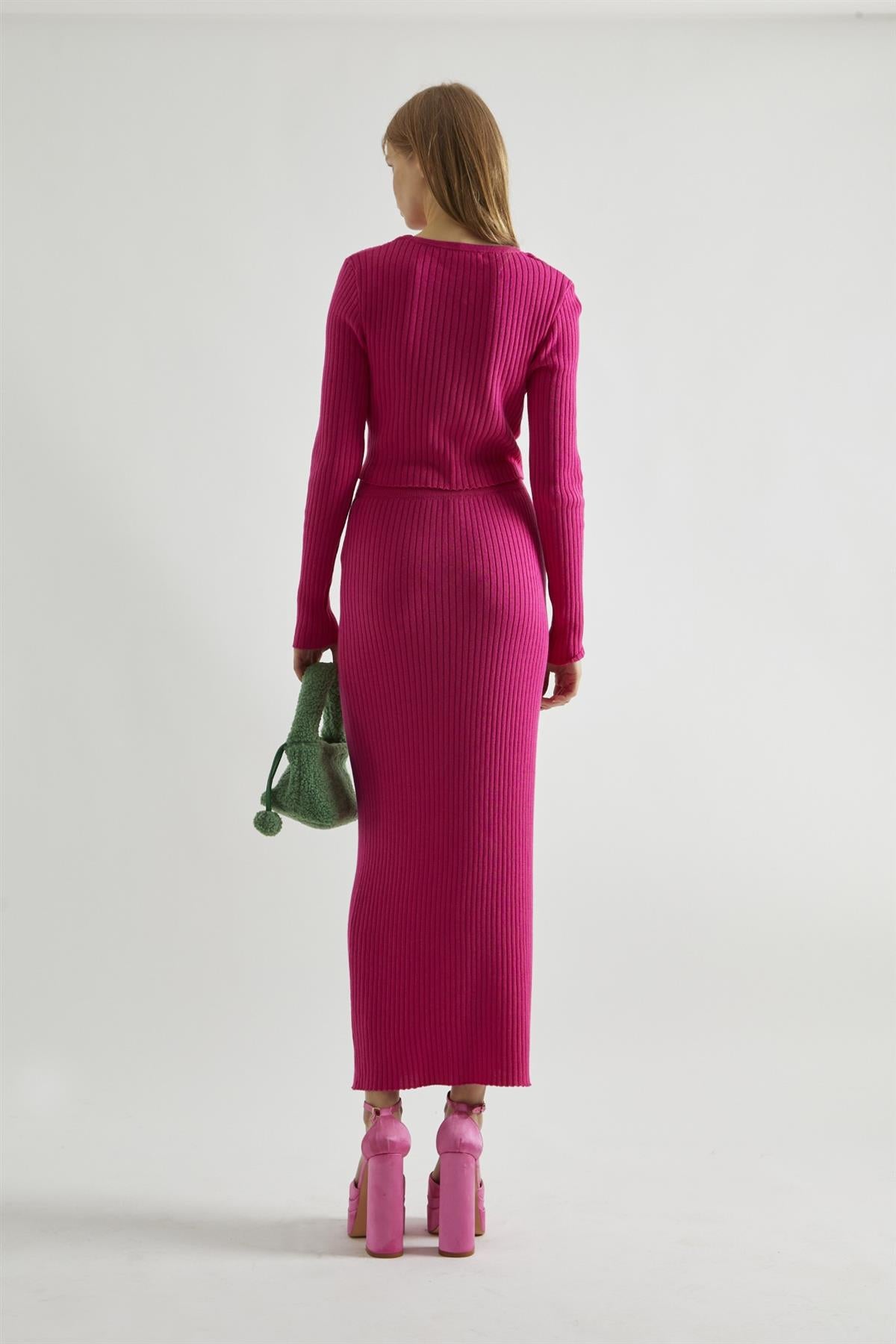 Pink Rib-Knit Midi-Skirt