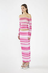 Pink Ombre-Stripe Mesh Bodycon Maxi-Skirt