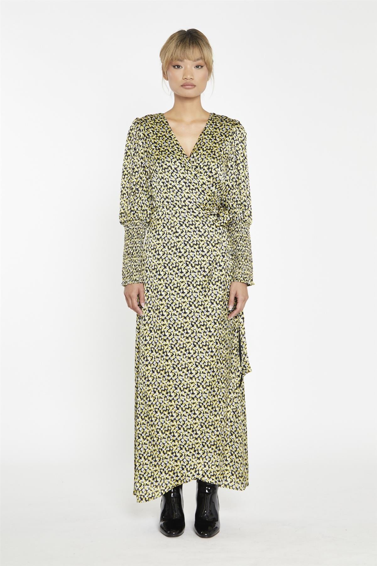 Yellow Splodgy-Floral Wrap Maxi-Dress