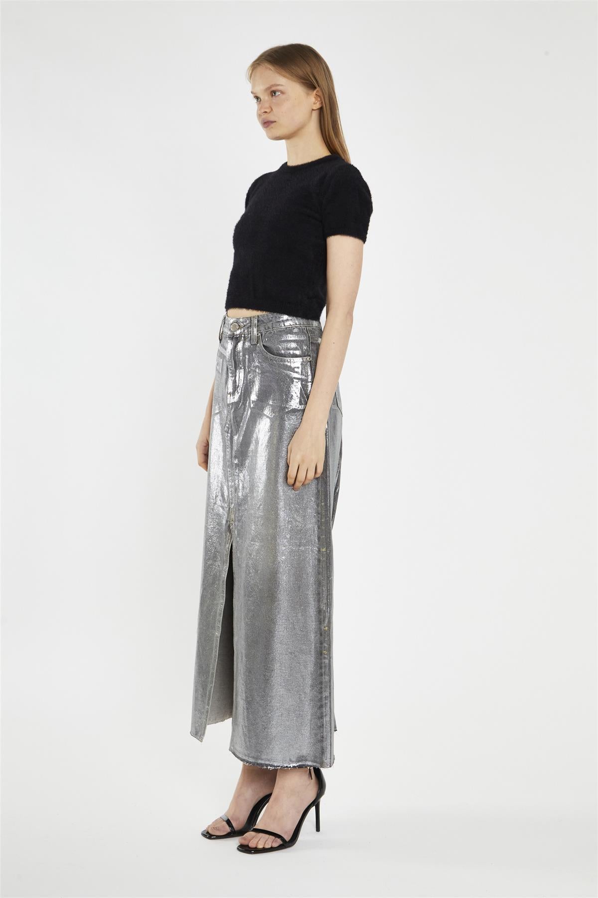 Grey Silver-Foil Denim Split-Front Midi-Skirt