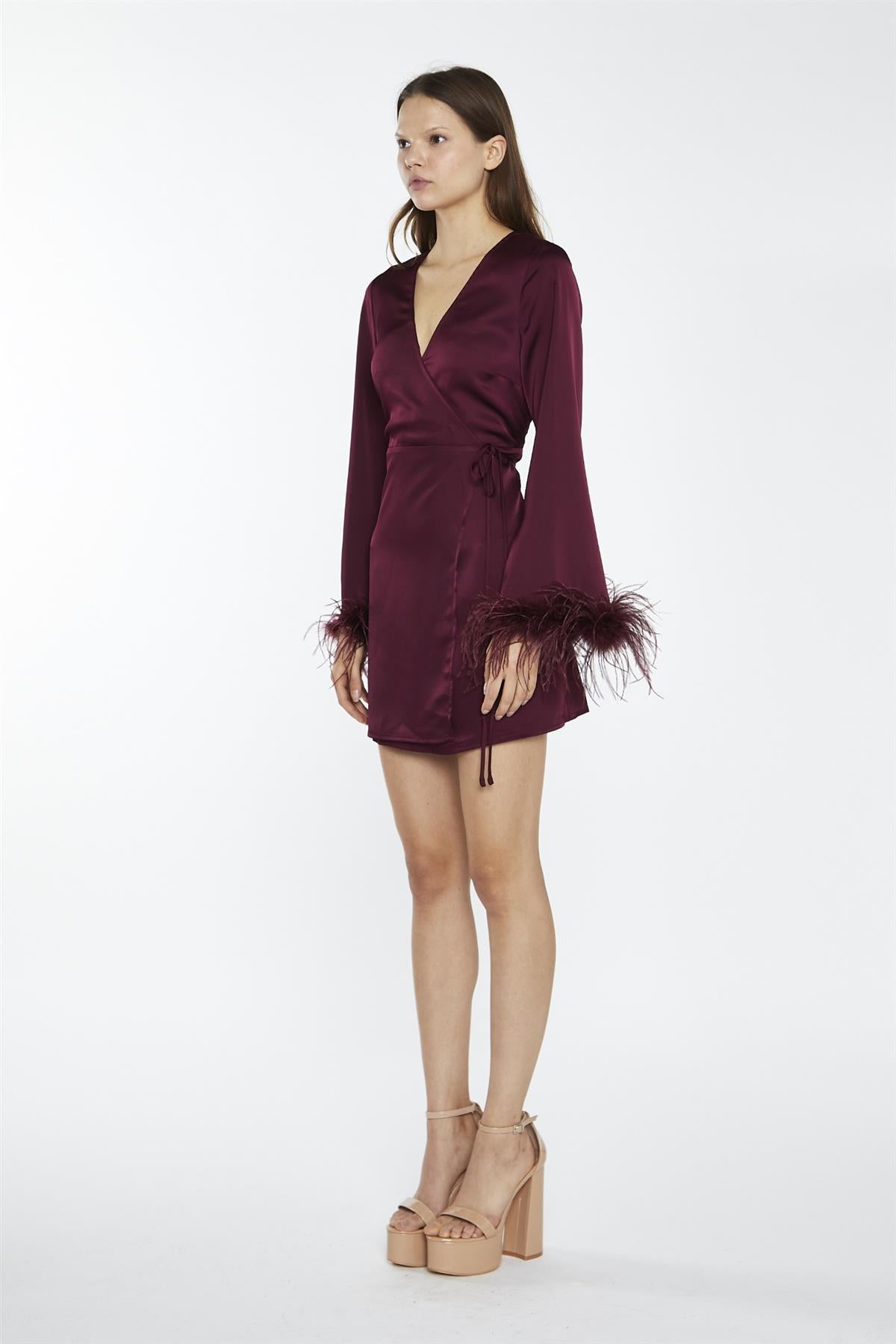 Deep-Burgundy Sateen Feather Trim Wrap Mini-Dress