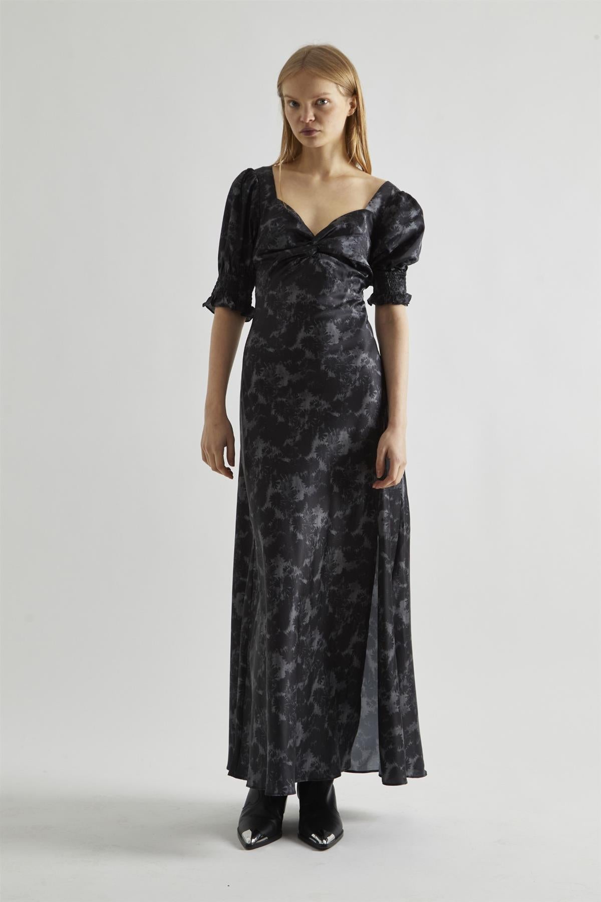 Charcoal Digital-Floral Twist-Front Maxi-Dress