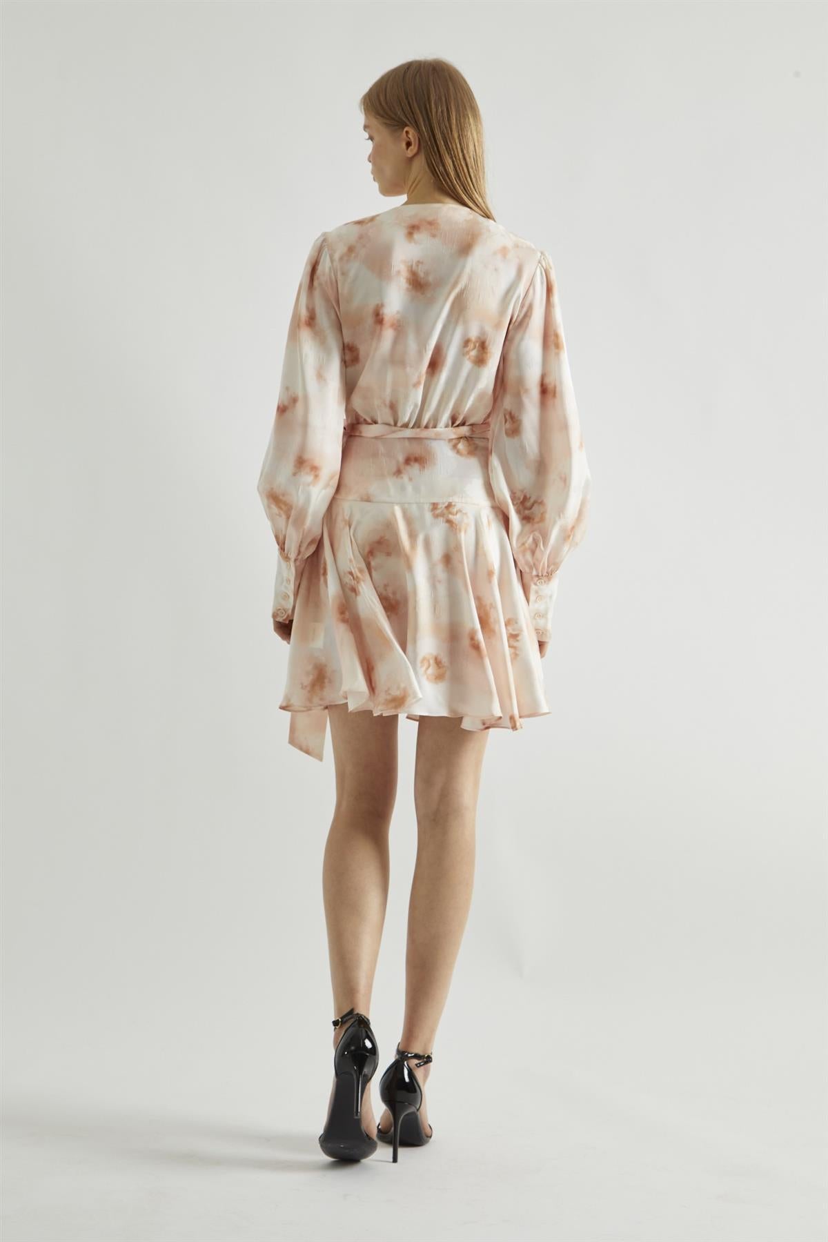 Peach-Watercolour Wrap Mini-dress