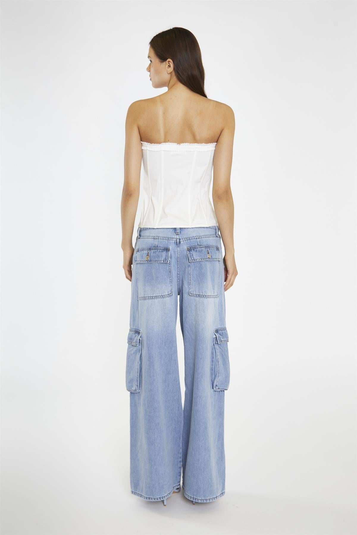 Light Stonewash Wide Leg Cargo Jeans