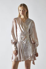 Peach-Metallic Wrap Mini-Dress