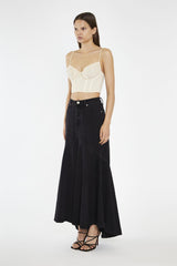 Washed Black Denim Fishtail Maxi-Skirt