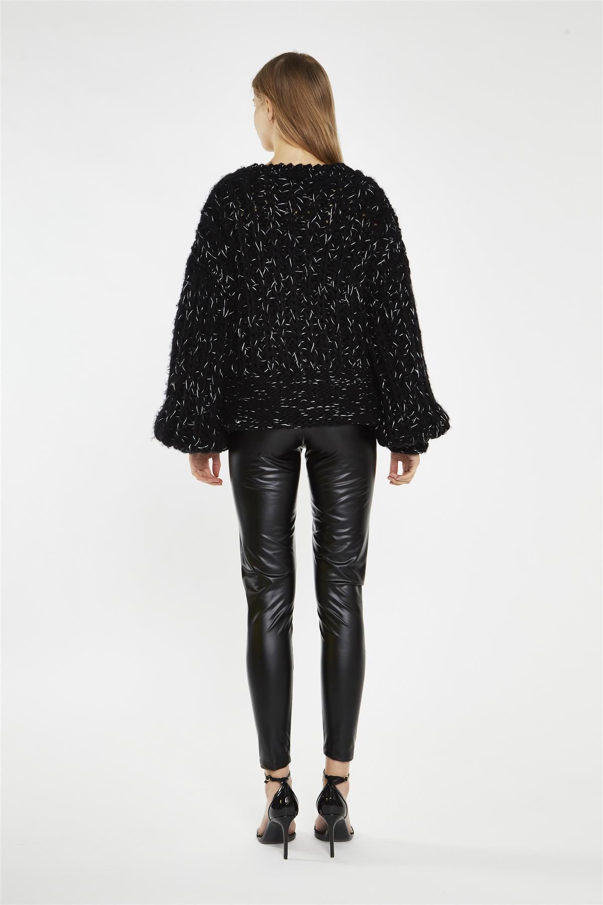 Black Silver-Fleck Cable-Knit -Cardigan