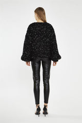 Black Silver-Fleck Cable-Knit -Cardigan