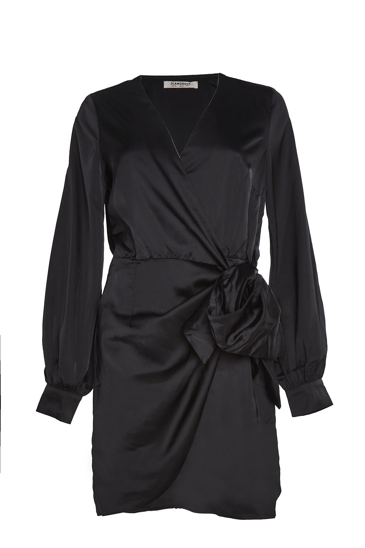 Black-Satin Wrap-Tie Midi-Dress