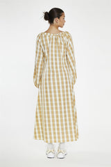 Beige-Cream Check Gathered Tie-Neck Midi-Dress