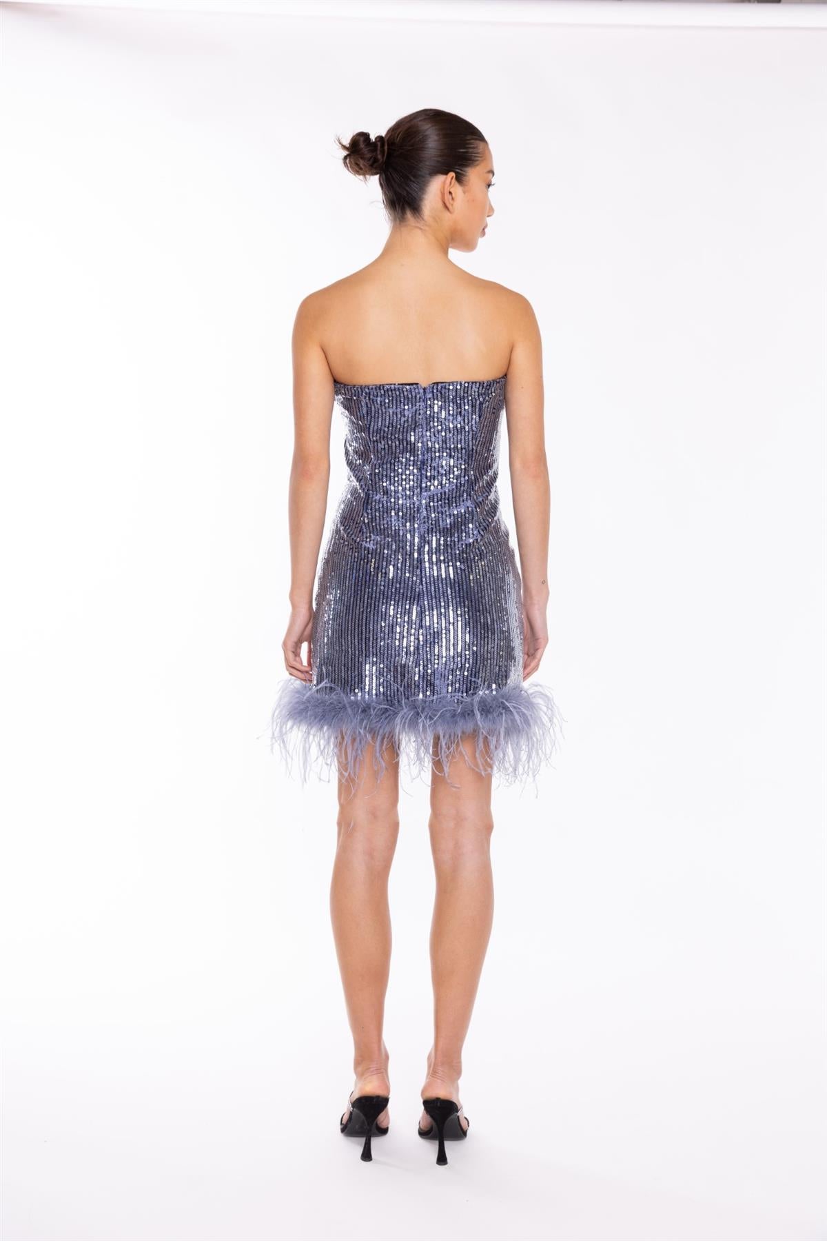 Blue-Sequin Feather-Hem Mini-Dress