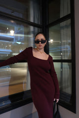 Wine Square-Neck Knitted Midi-Dress