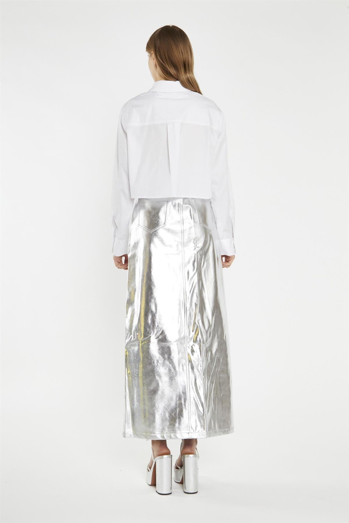 Silver PU Centre-Split Midi-Skirt