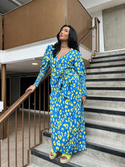 Cobalt-Yellow Leopard Wrap Midi-Dress