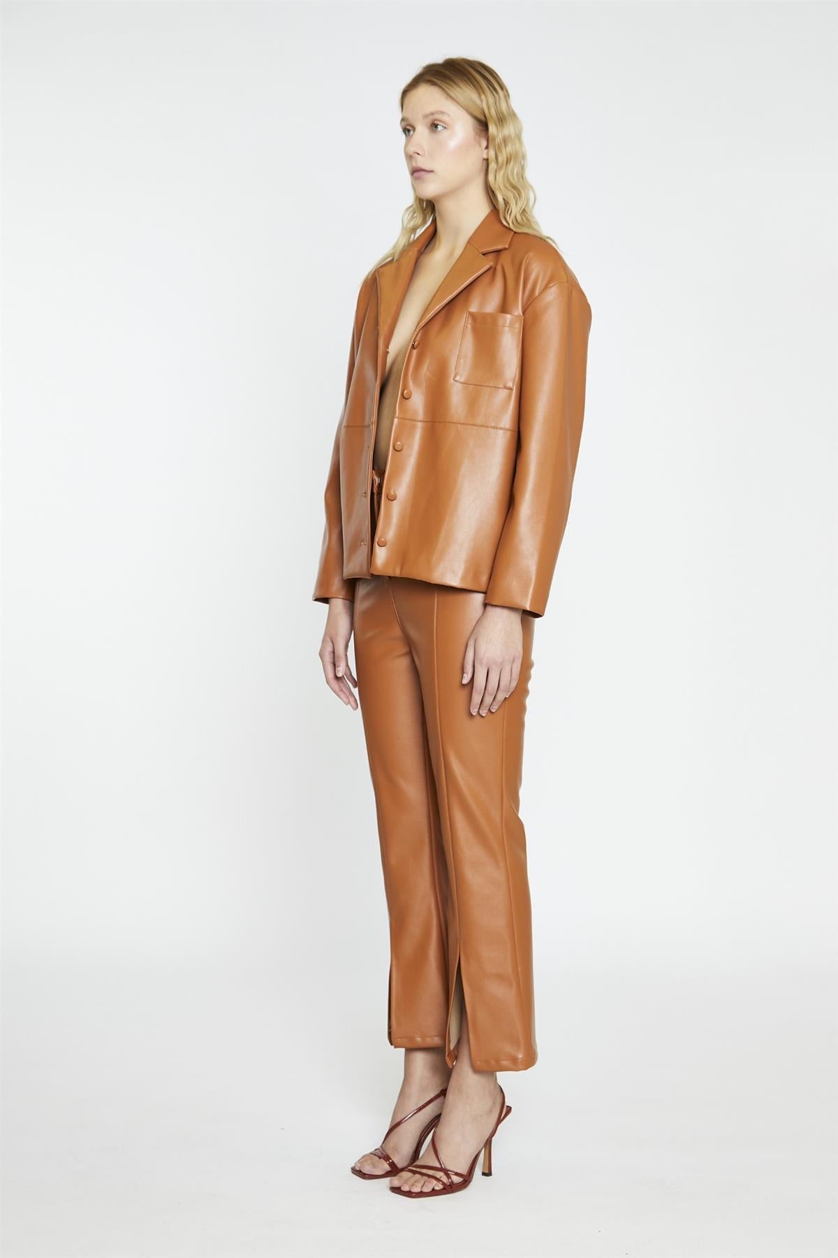 Tan PU Flared Trousers