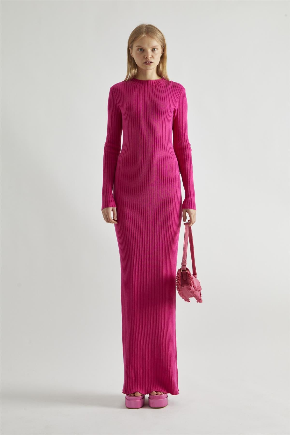 Pink High-Neck Rib-Knit Midaxi-dress