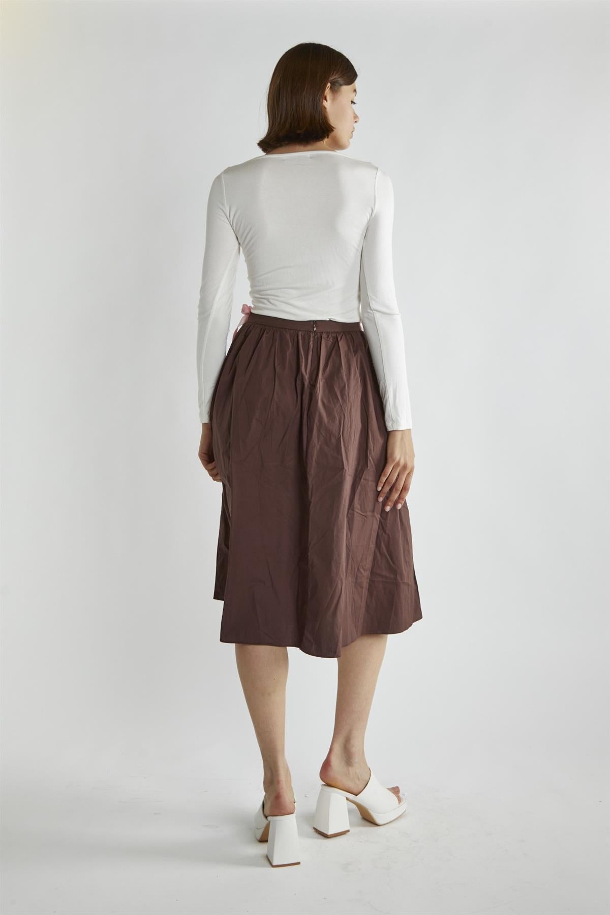 Brown Bow-Detail Midi-Skirt