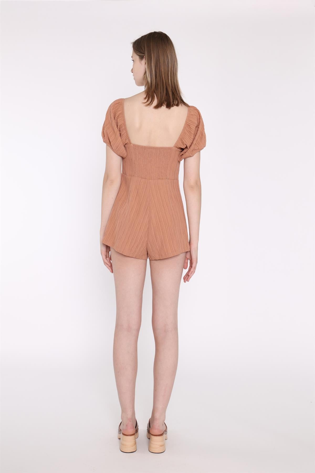 Rust-Crinkle Square-Neck Button Down-Playsuit