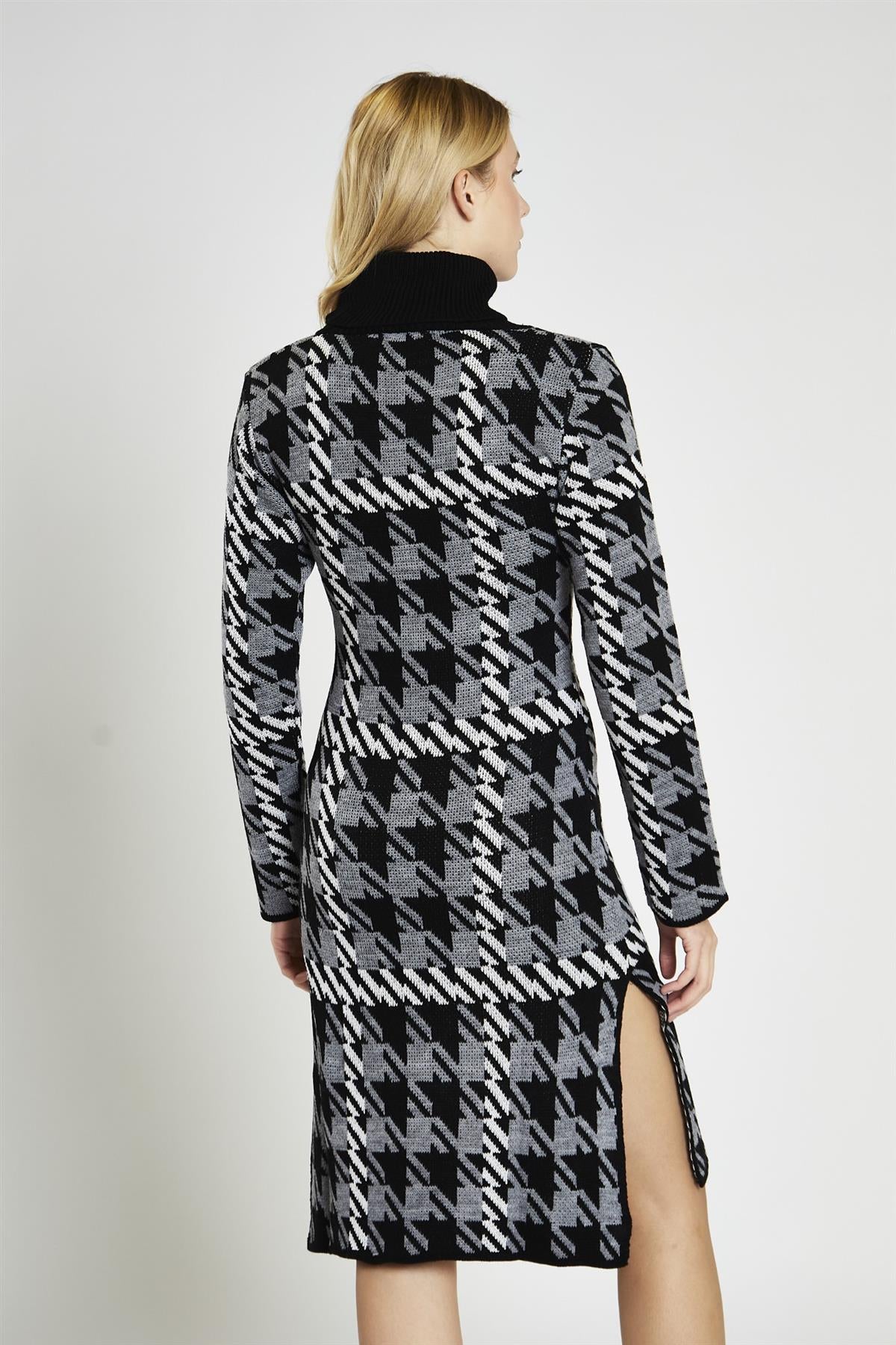 Mono Tartan-Check Roll-Neck Jumper Midi-Dress