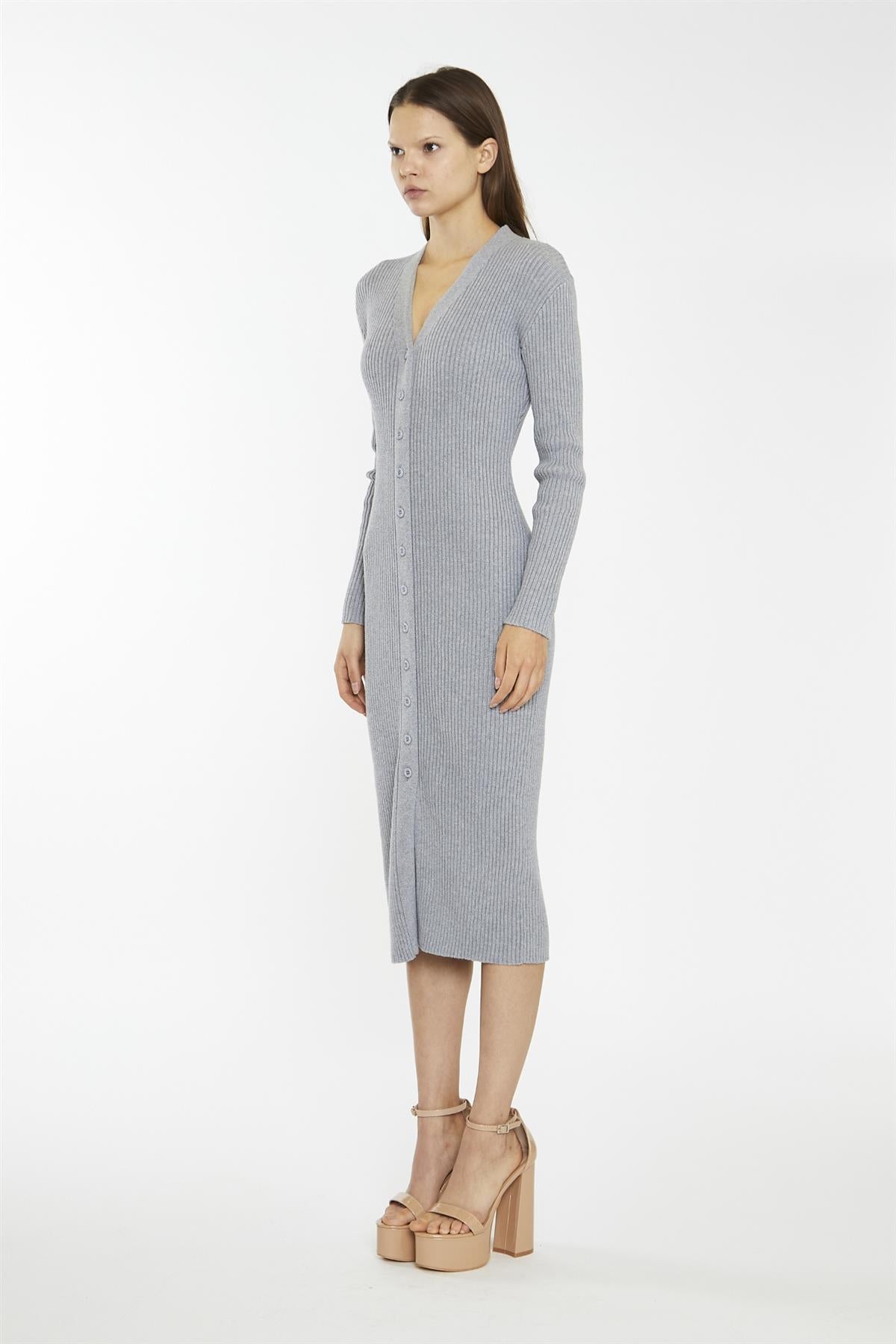 Grey-Marl Button-Down Knitted Midi-Dress