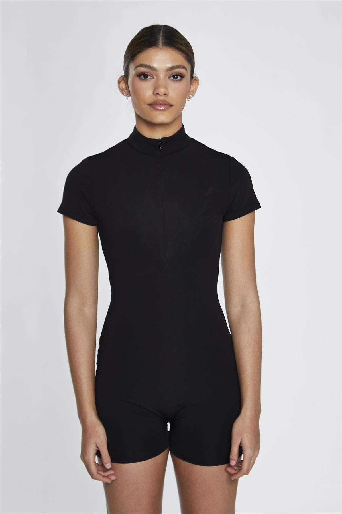 Black Half-Zip Short-Unitard