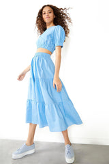 Cornflower-Blue Tiered Midi-Skirt