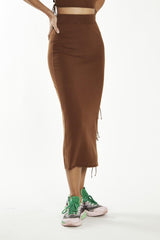 Mahogany-Brown Side Tie Knit Midi-Skirt