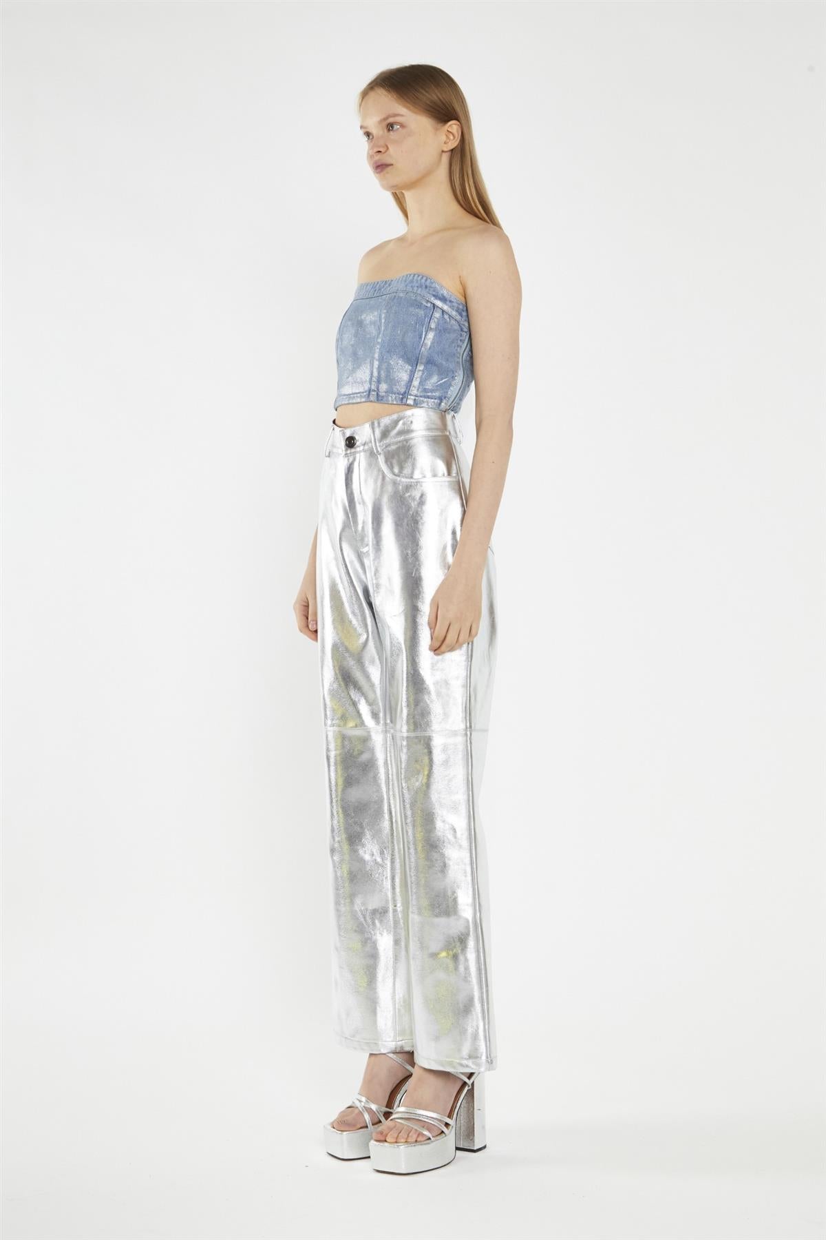 Silver-Pu Wide-Leg Crop-Trousers