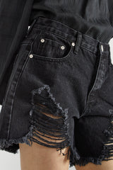 Washed Black Distressed Denim Shorts