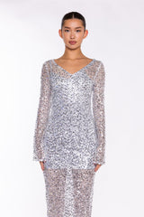 Silver Sequin-Mesh V-neck Maxi-Dress