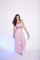 Cher Co-ord Ruched Waist Trousers - Pink Check Sequin