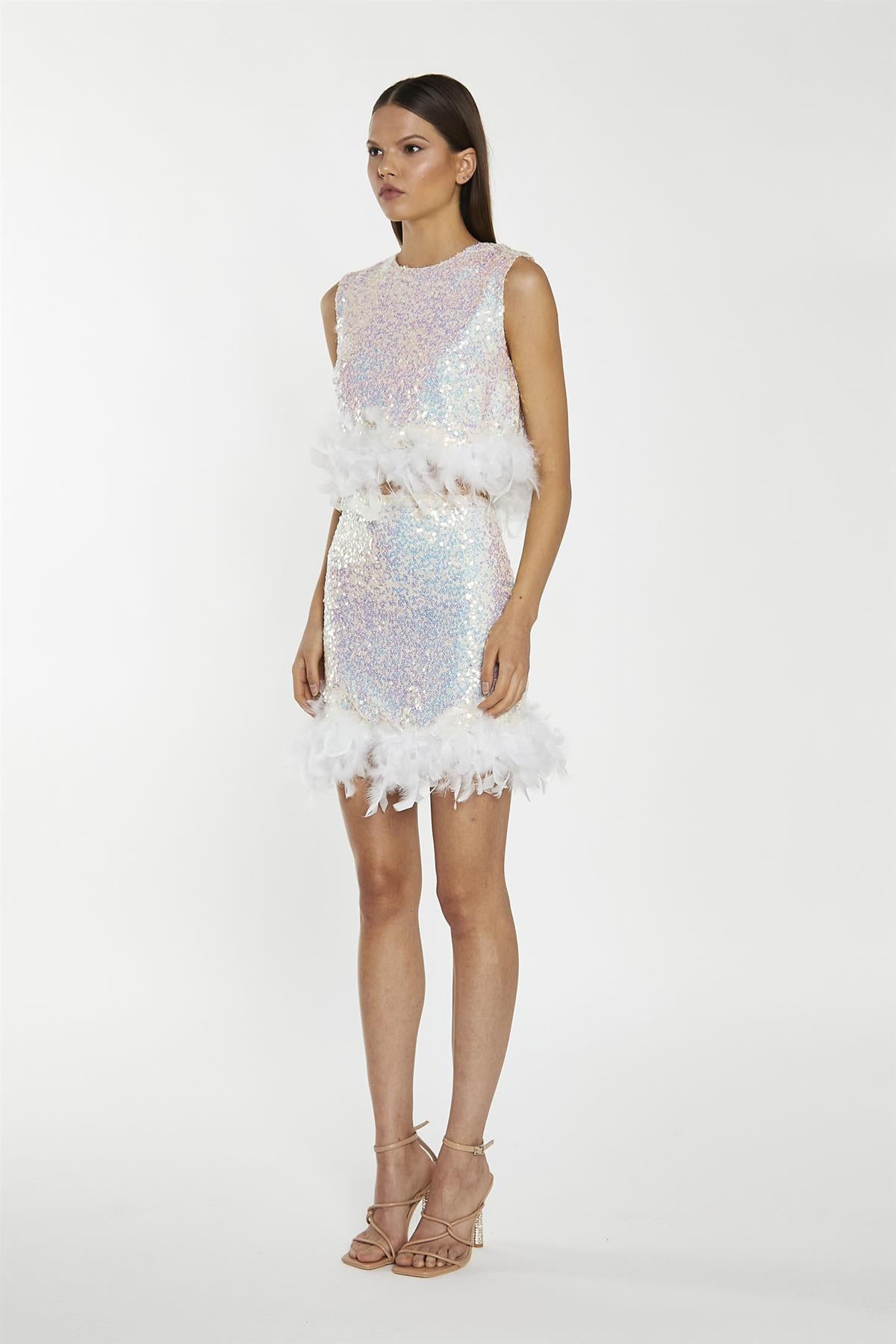 Iridescent-Sequin White Feather Trim Mini-Skirt