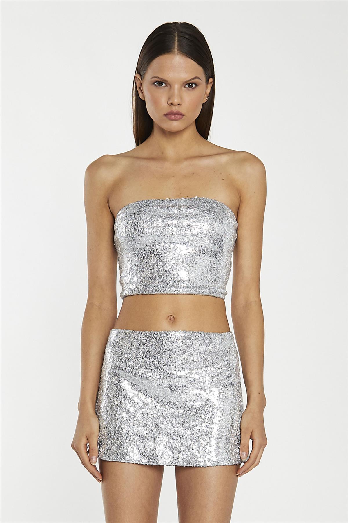 Silver-Sequin Peplum Mini-Skirt