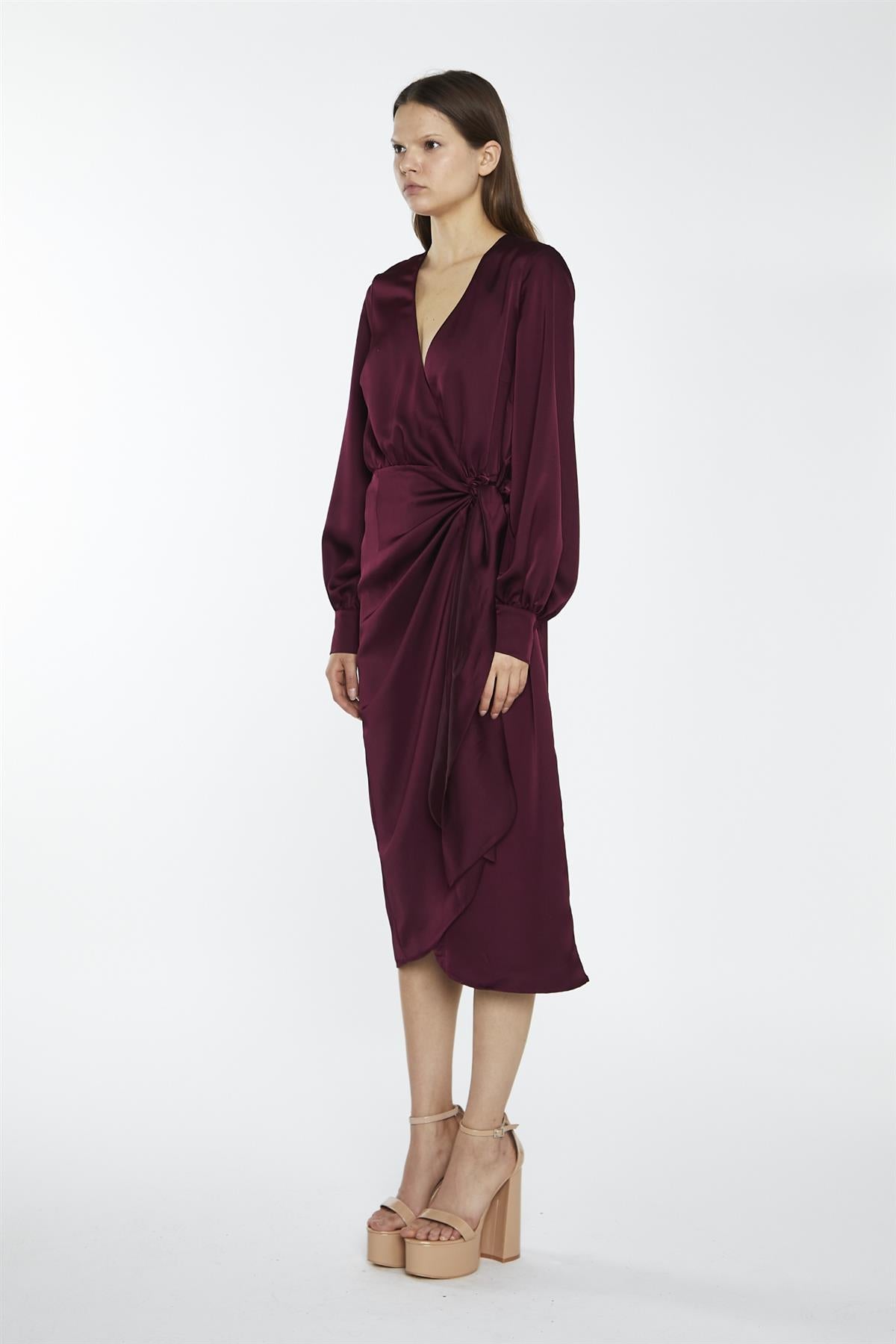 Deep Burgundy Sateen Long-Sleeve Wrap Midi-Dress