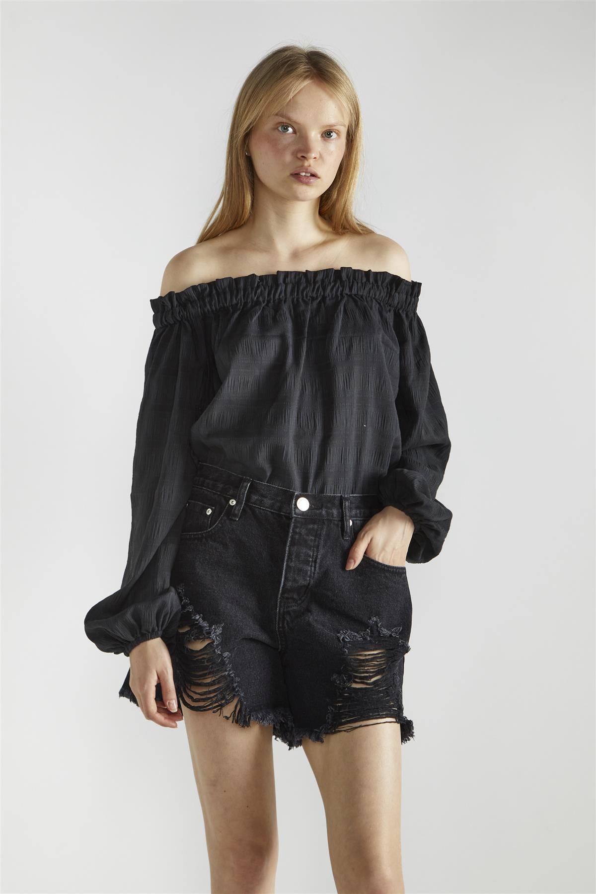 Black-Check Swing Bardot-Top