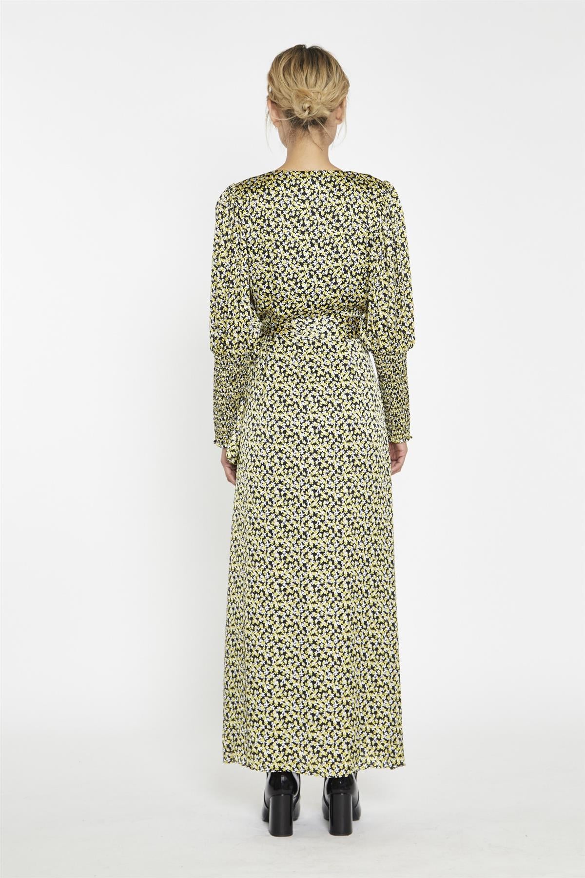 Yellow Splodgy-Floral Wrap Maxi-Dress