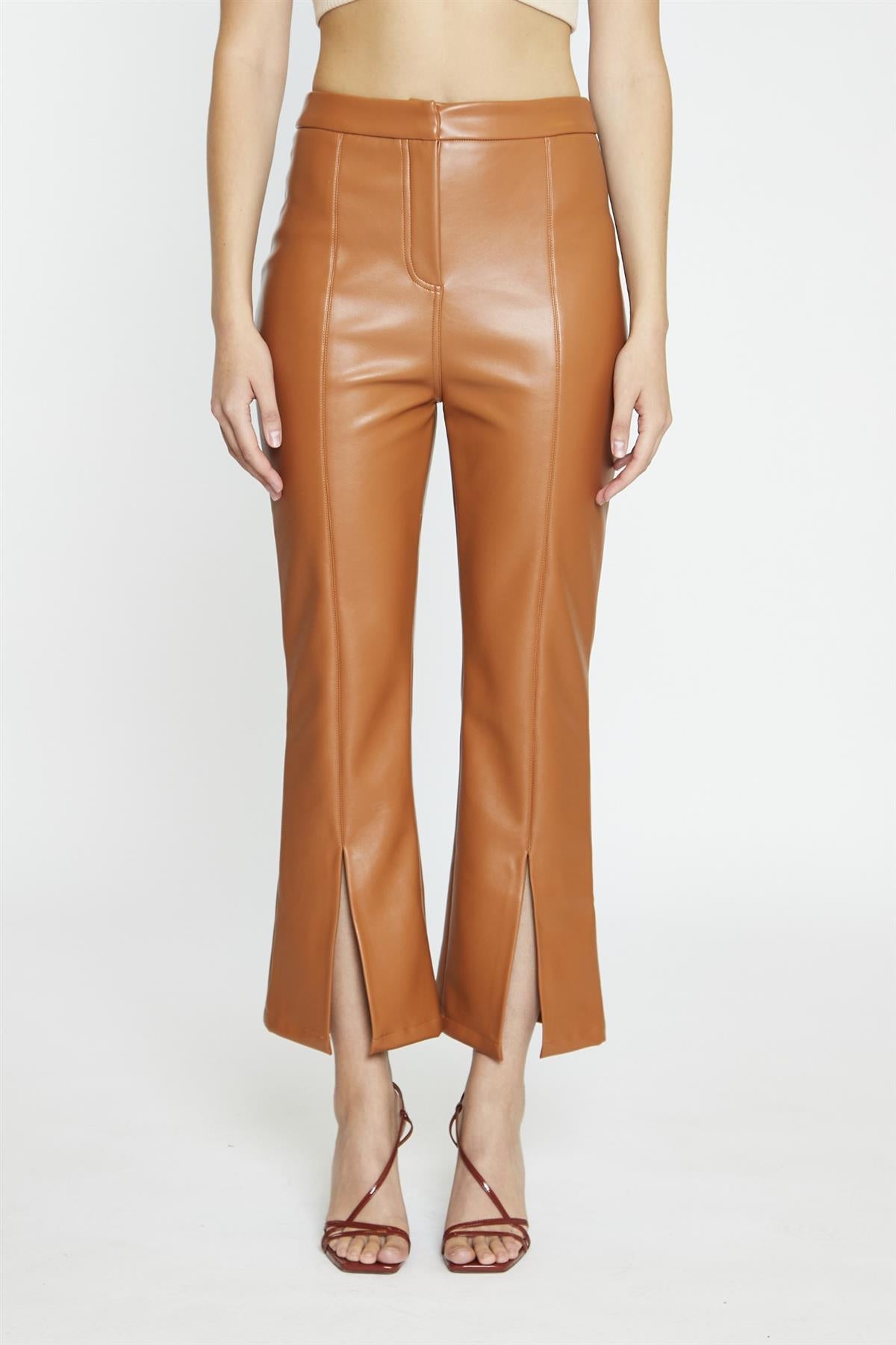 Tan PU Flared Trousers