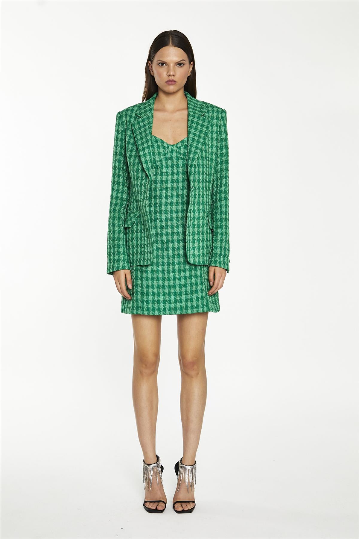 Green Tonal Houndstooth Fitted Blazer