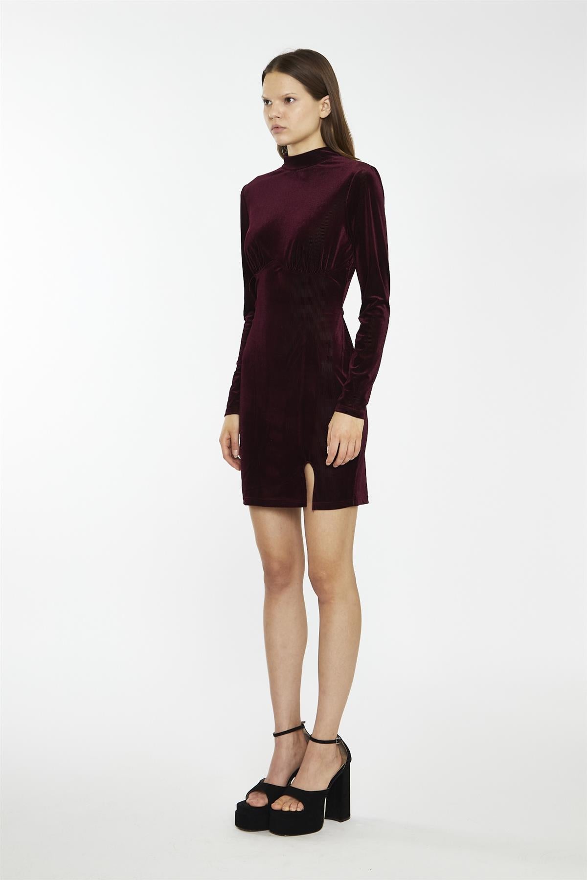 Port-Red Velvet-Rib High-Neck Side-Split Mini-Dress