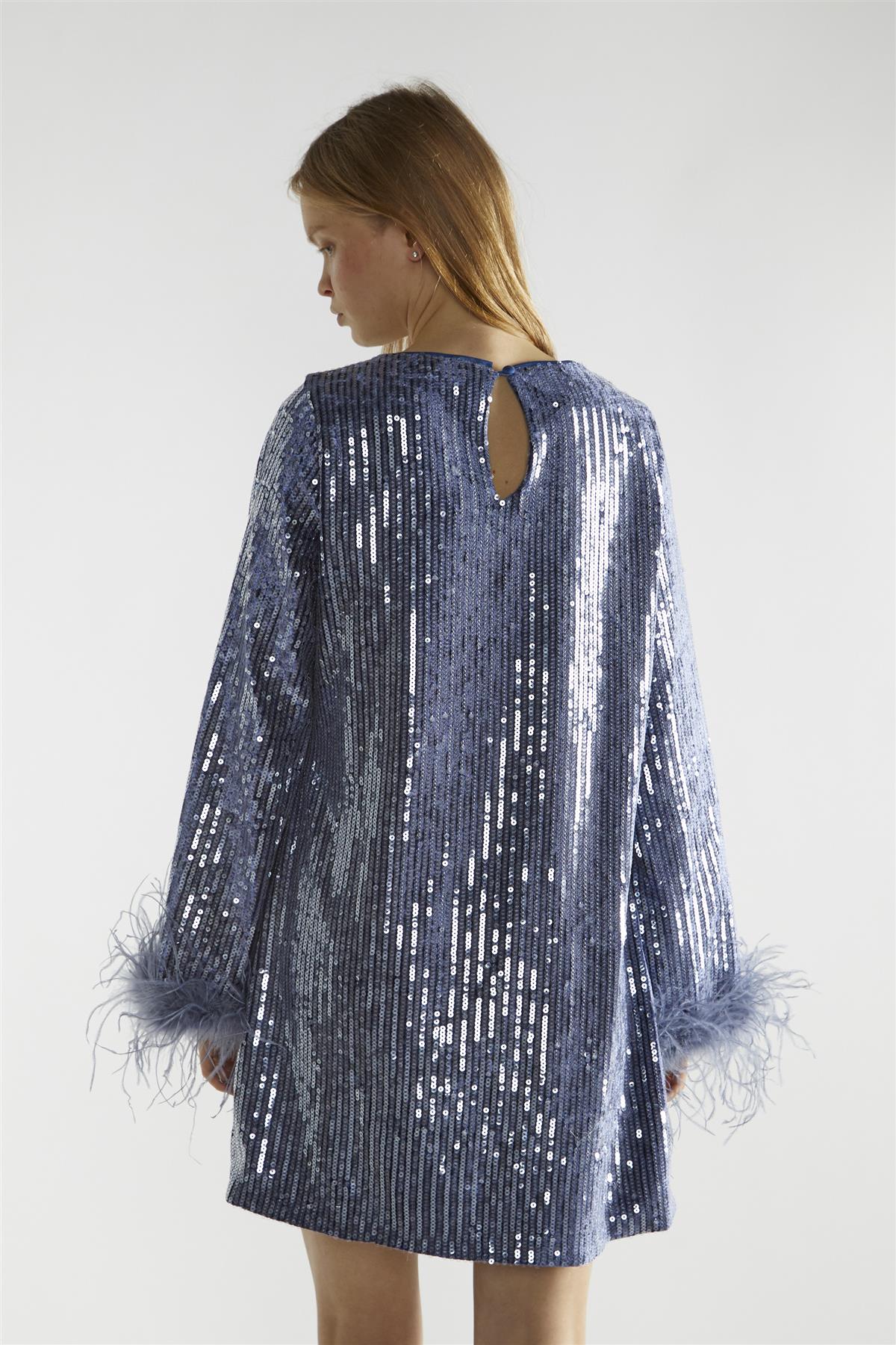 Blue-Sequin Feather Cuff Mini-Dress