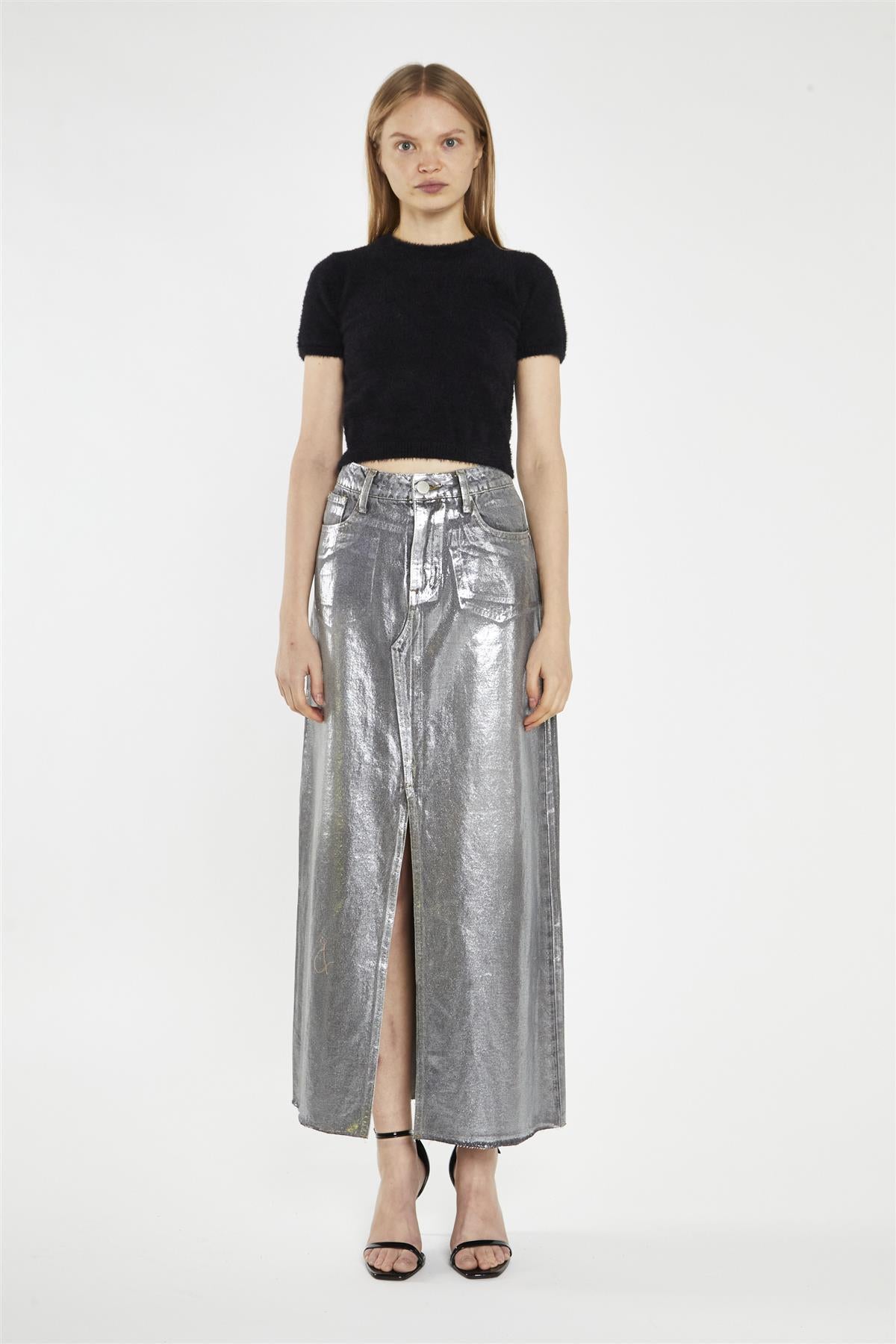 Grey Silver-Foil Denim Split-Front Midi-Skirt